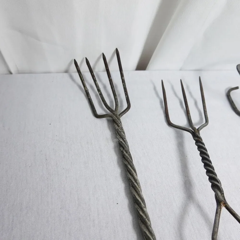 Vintage Kitchen GALVANIZED TWISTED WIRE SPIT FORK and tongs Utensils